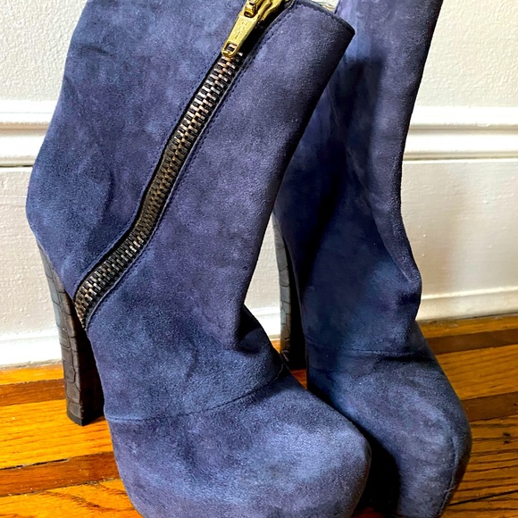 Jeremy Ho Blue Suede and Leather Platform Heel Booties - Picture 1 of 5
